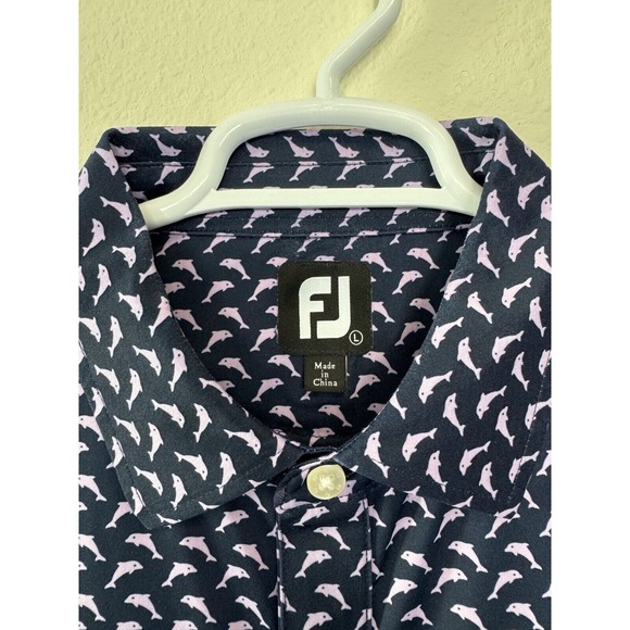 FOOTJOY Men's Size L Blue‎ Pink Lisle Leaping Dolphins Print Golf Polo Shirt - Picture 3 of 6